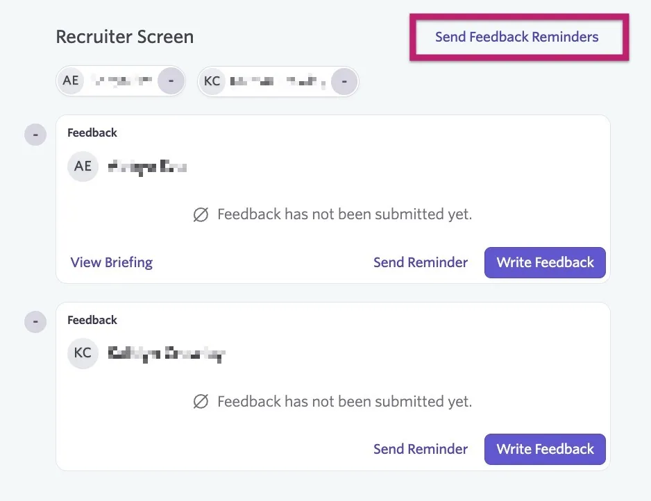 The screenshot shows a record of feedback being due on the candidate feed with the option to Send Feedback Reminders highlighted.