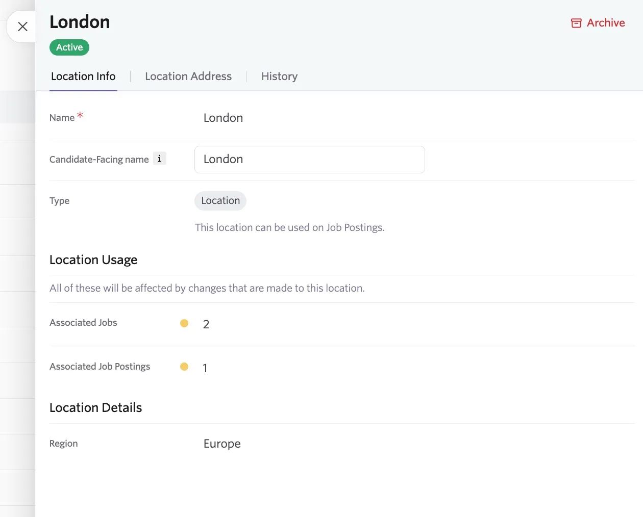 The screenshot shows an existing location where you can view the Location Usage section.