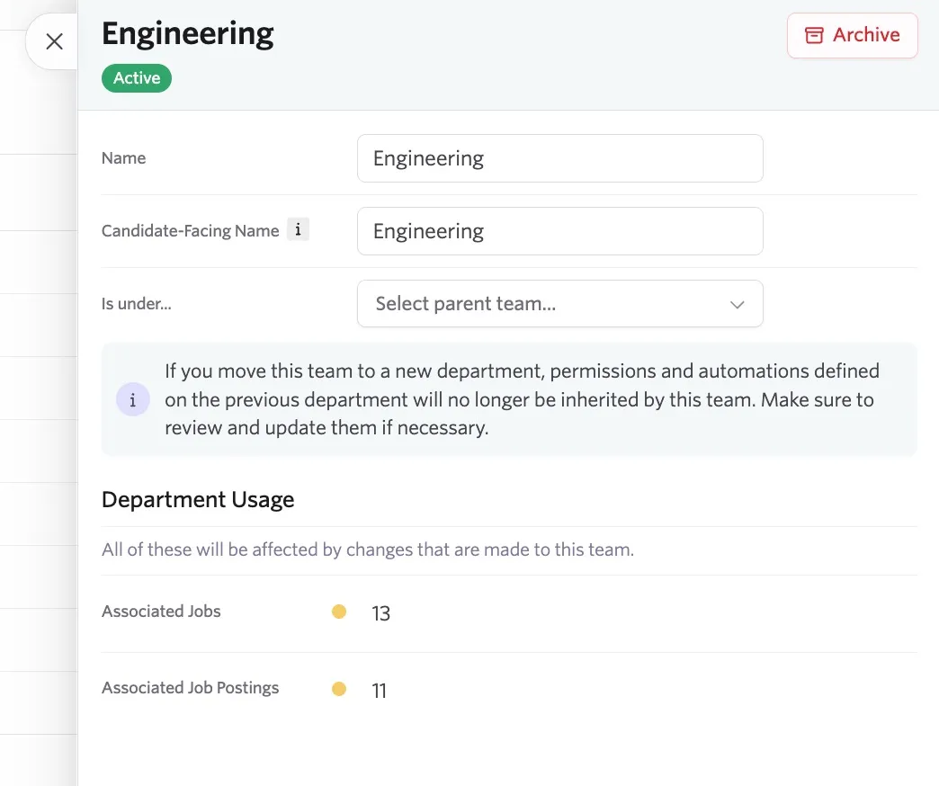 The screenshot shows an existing department.