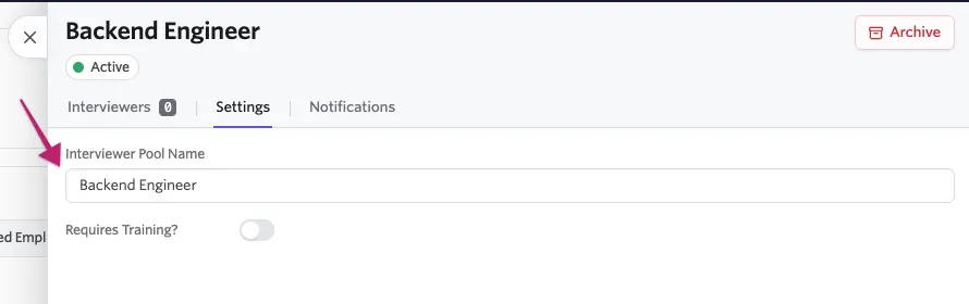 Points out the interviewer pool name field where the interview pool can be renamed at any time.