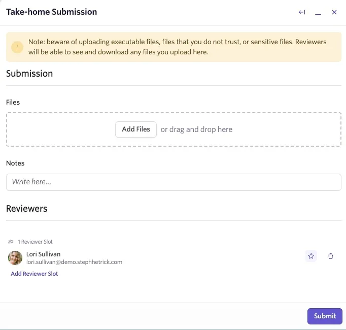 Take-home Submission form in Ashby showing options to upload files, add notes, assign reviewers, and submit the candidate's take-home assignment.