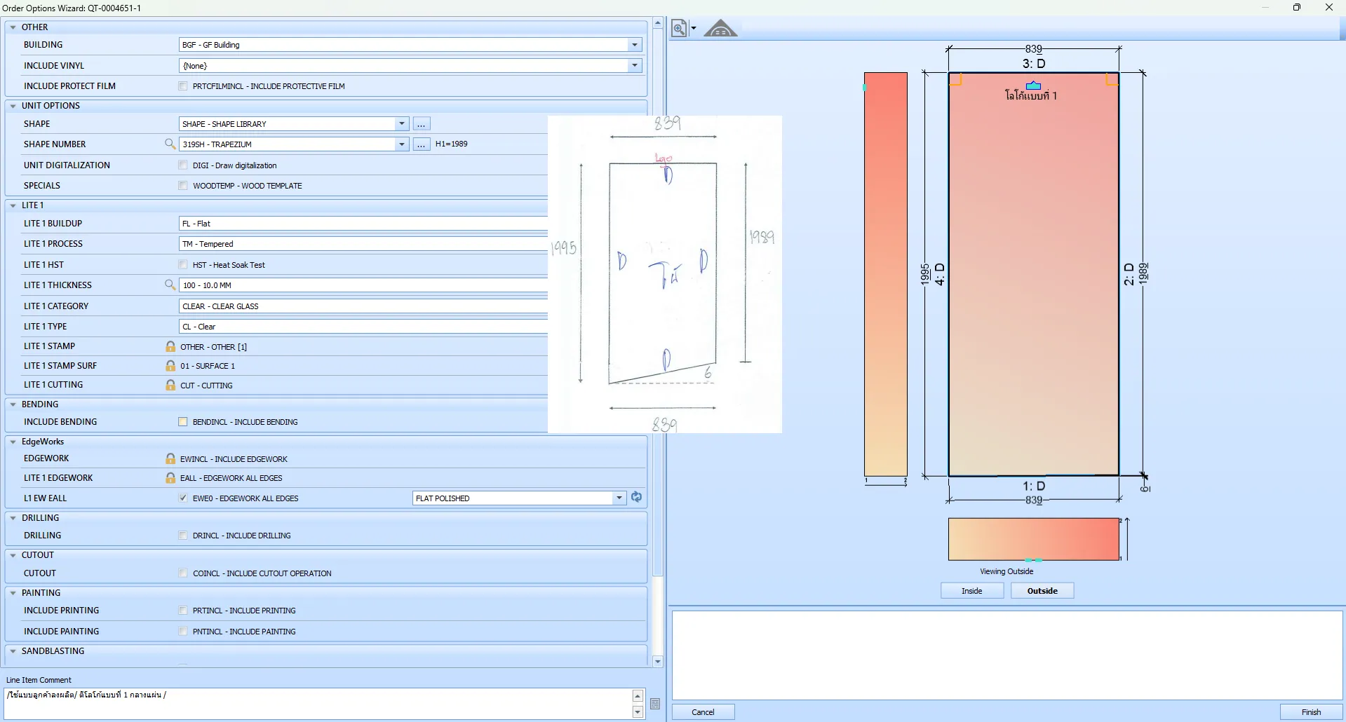 เปรีบเทียบแบบ Drawing ต้นฉบับของลูกค้า กระจกสี่เหลี่ยมโย้ กับ CAD เปรีบเทียบแบบ Drawing ต้นฉบับของลูกค้า กระจกสี่เหลี่ยมโย้ กับ CAD