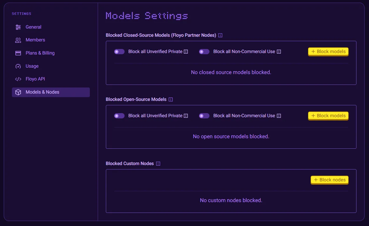 Floyo team settings showing the two global model policy toggles