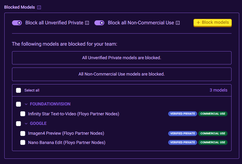 Team settings showing Block all Unverified Private and Block all Non-Commercial Use toggles Team settings showing Block all Unverified Private and Block all Non-Commercial Use toggles