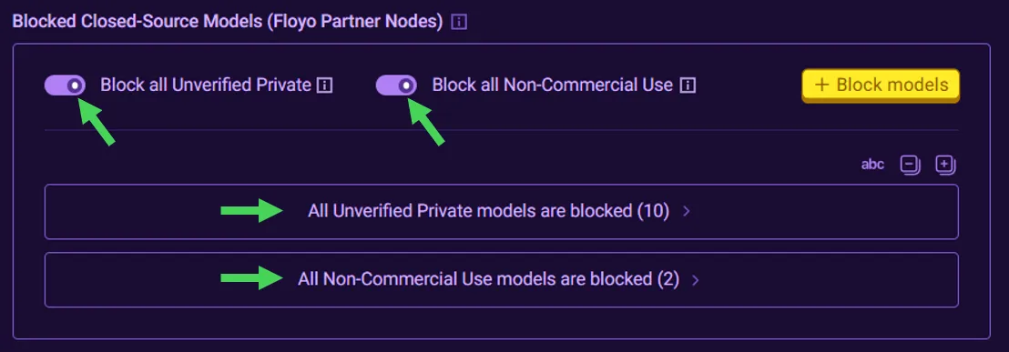 Floyo Block Models view with filters applied and a creator selected in bulk