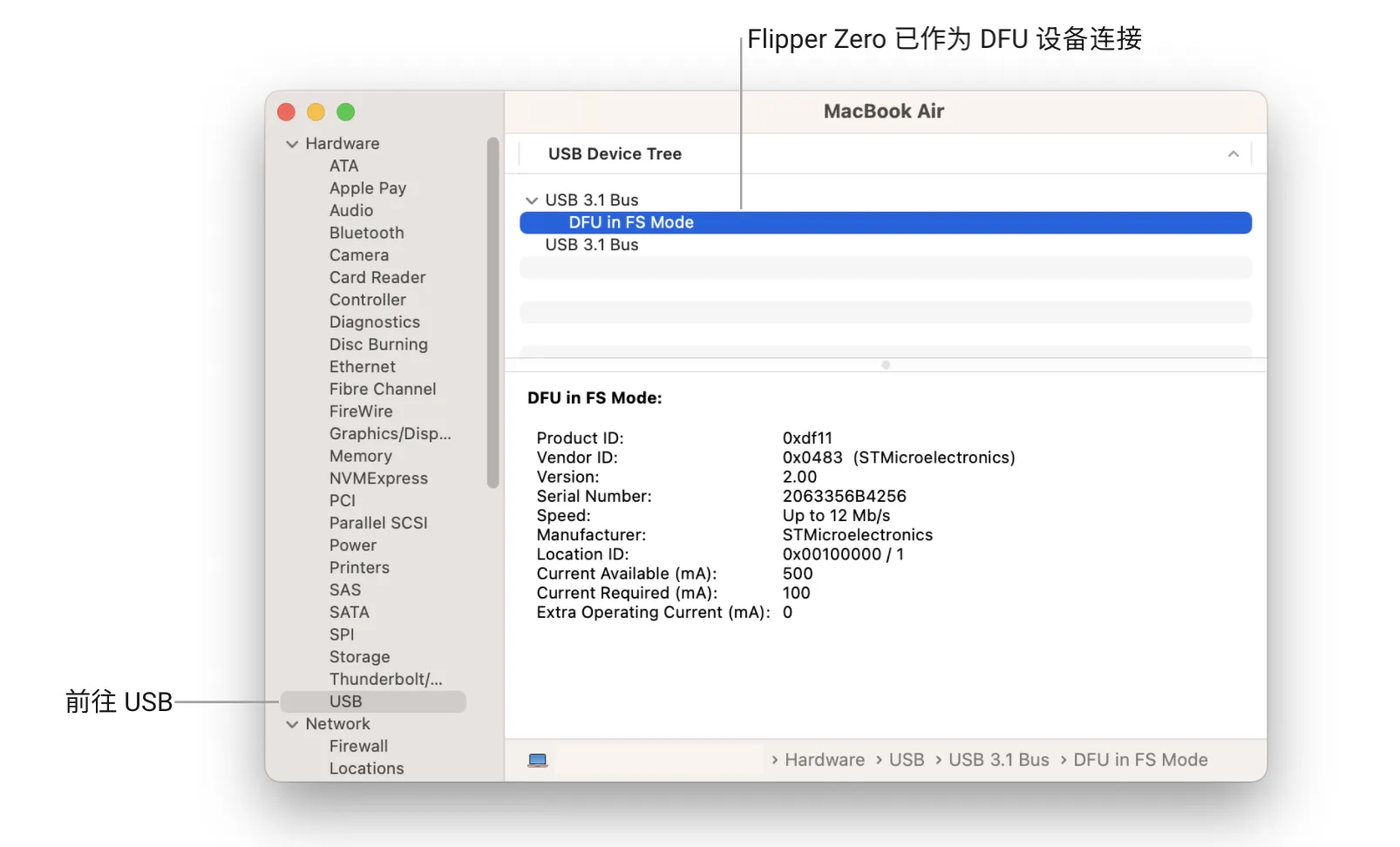 Flipper Zero 已成功作为 DFU 设备连接