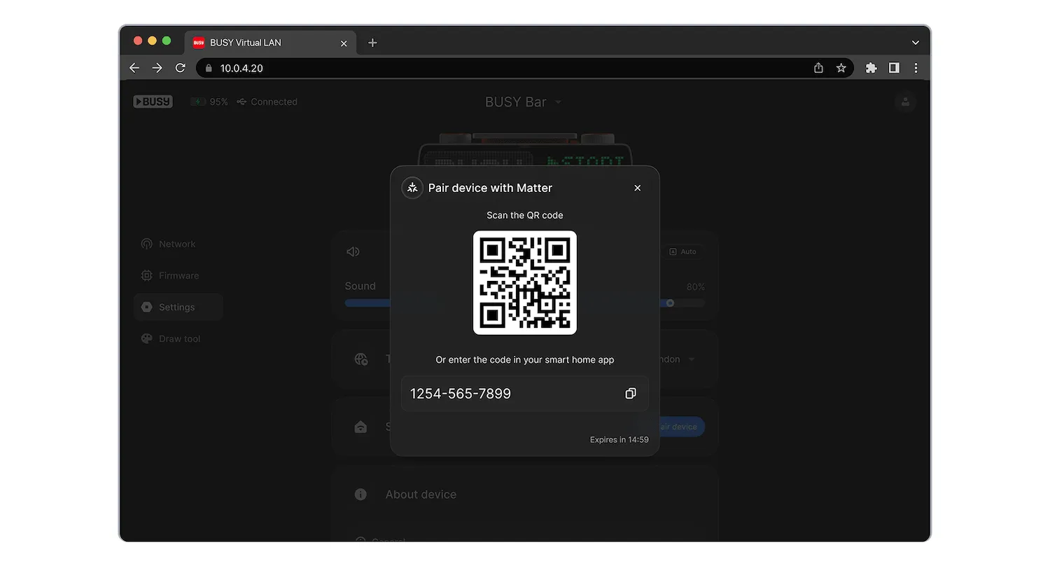 Example of the Matter QR code in the web interface Example of the Matter QR code in the web interface