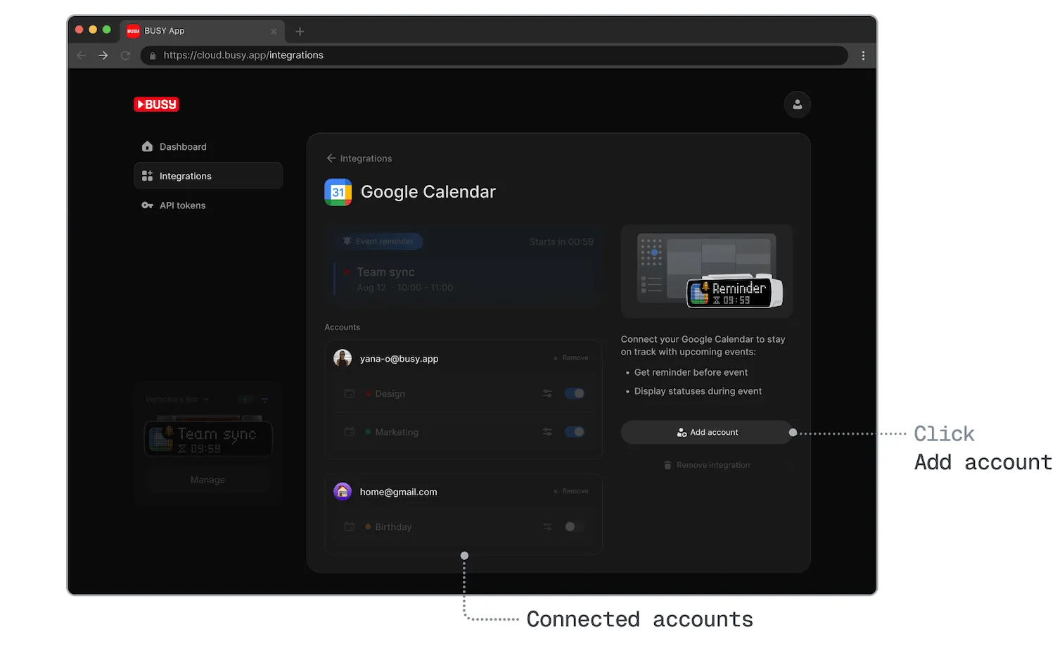 Add multiple accounts using the Google Calendar integration