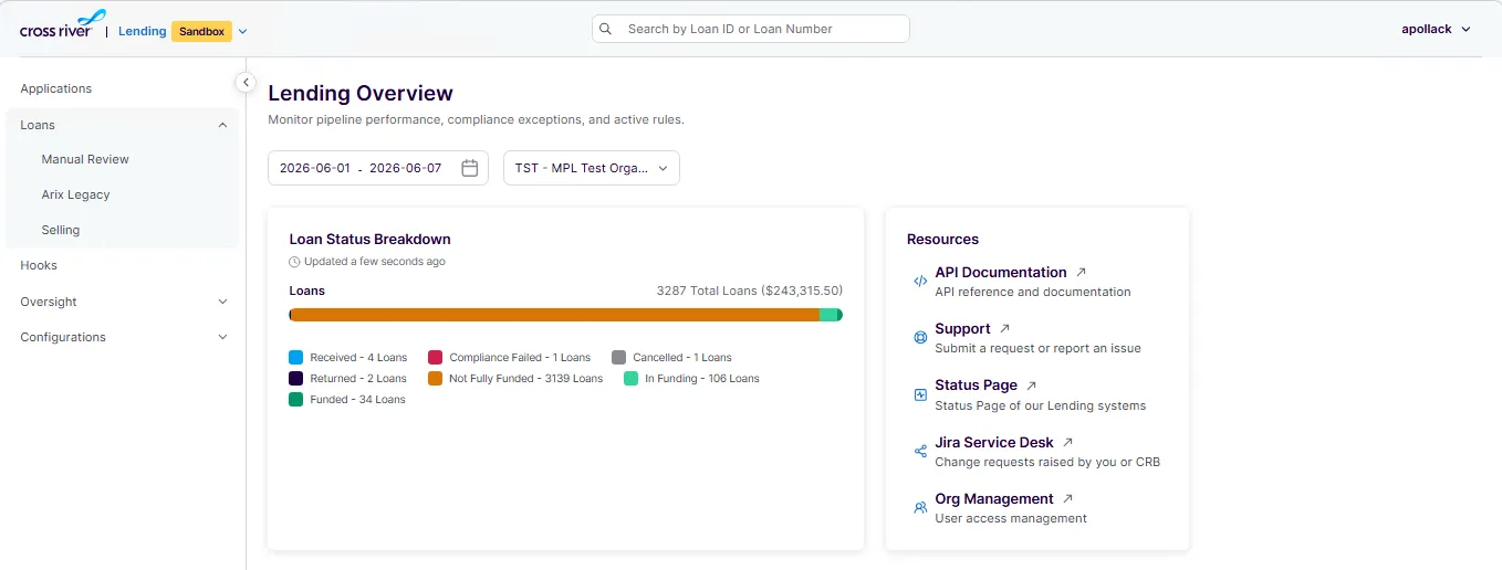 Homepage of the Lending UI