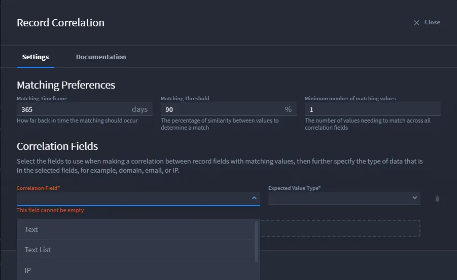 Correlation field dropdown