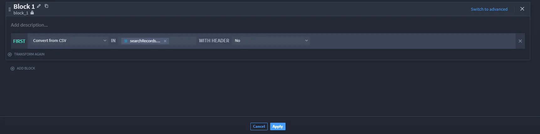 Convert from CSV Transformation Configuration
