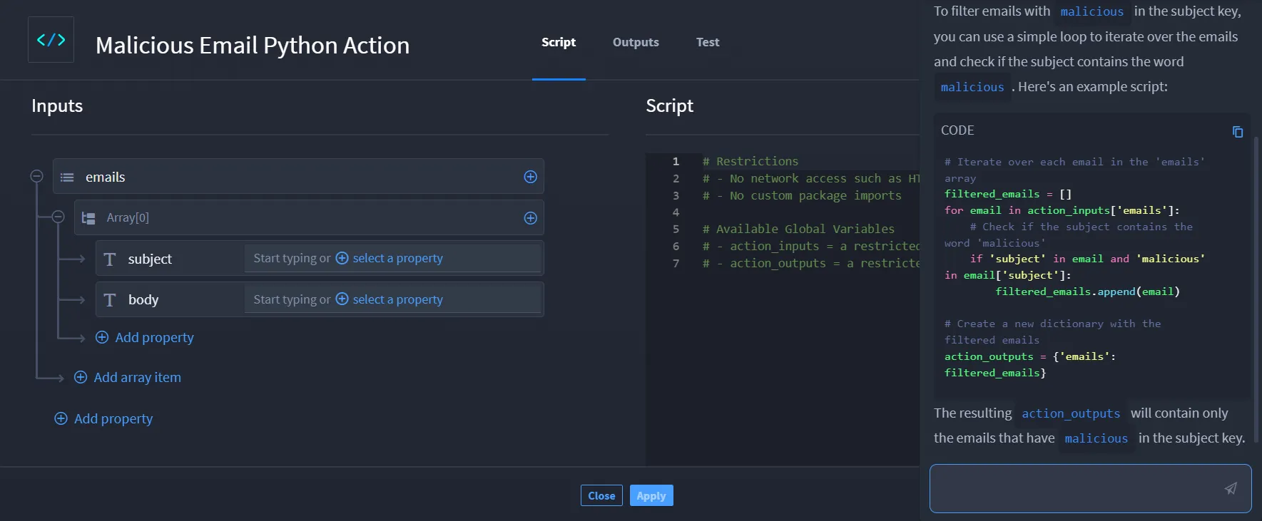 Chatbot response with script