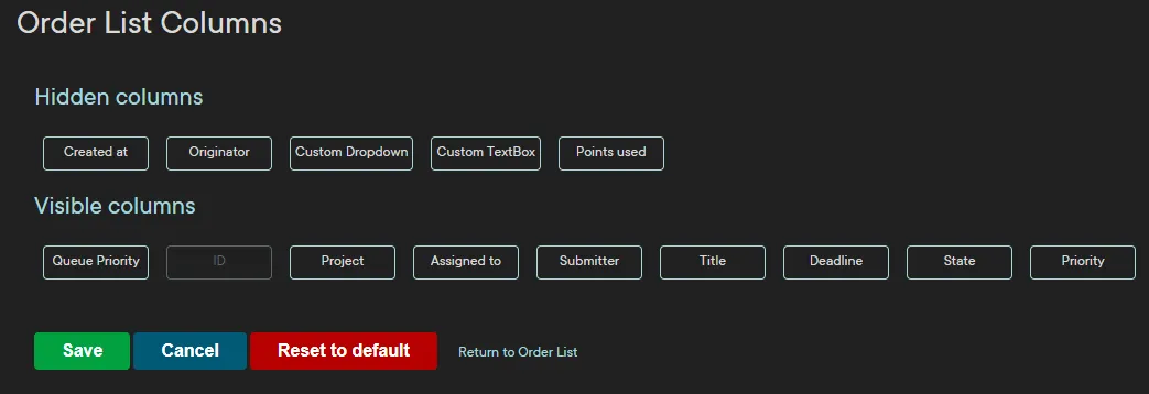 Order List Columns - Settings