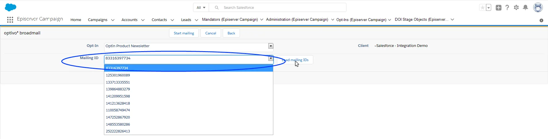 Image: Mailing ID drop-down list