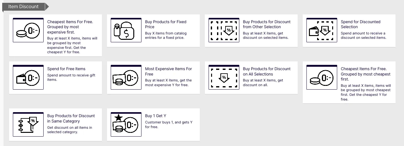 Screenshot of discount type list in Commerce Connect where marketers choose a built-in discount template Screenshot of discount type list in Commerce Connect where marketers choose a built-in discount template