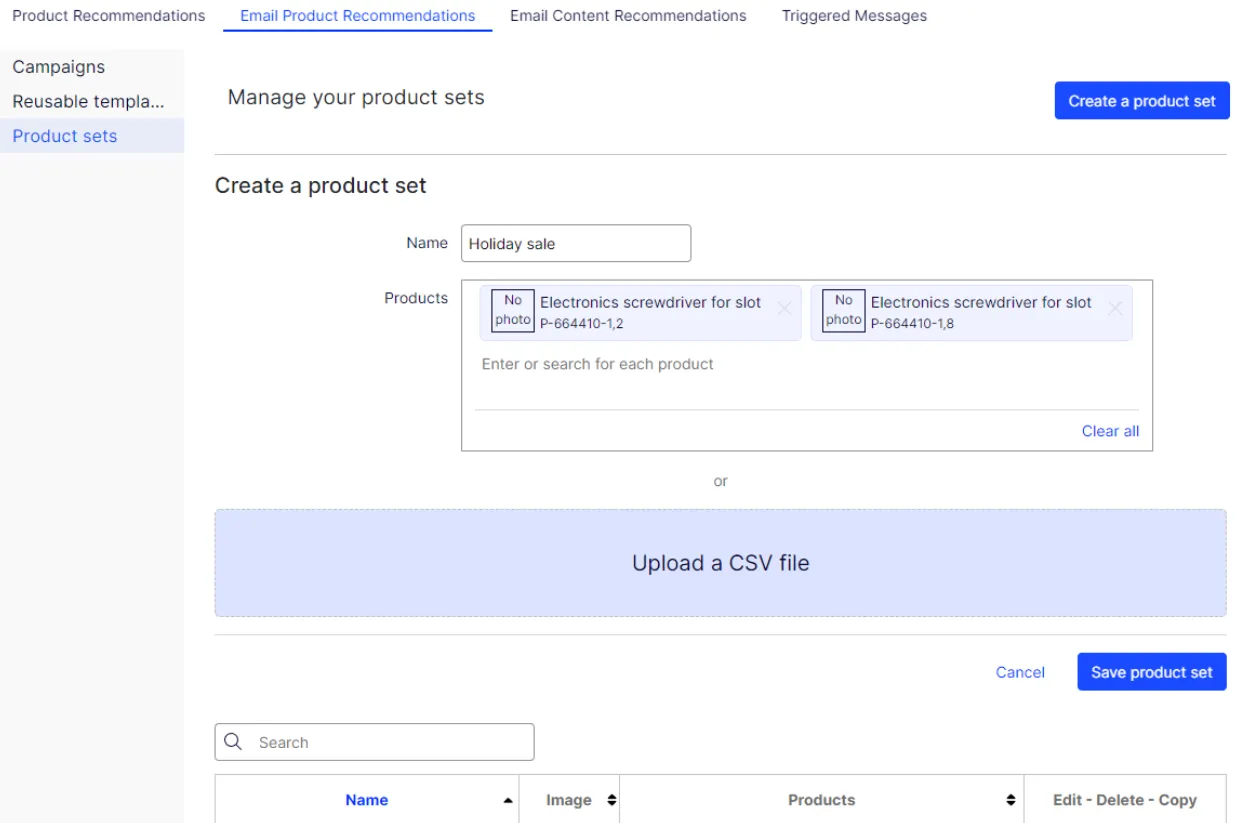 Image: Product set list