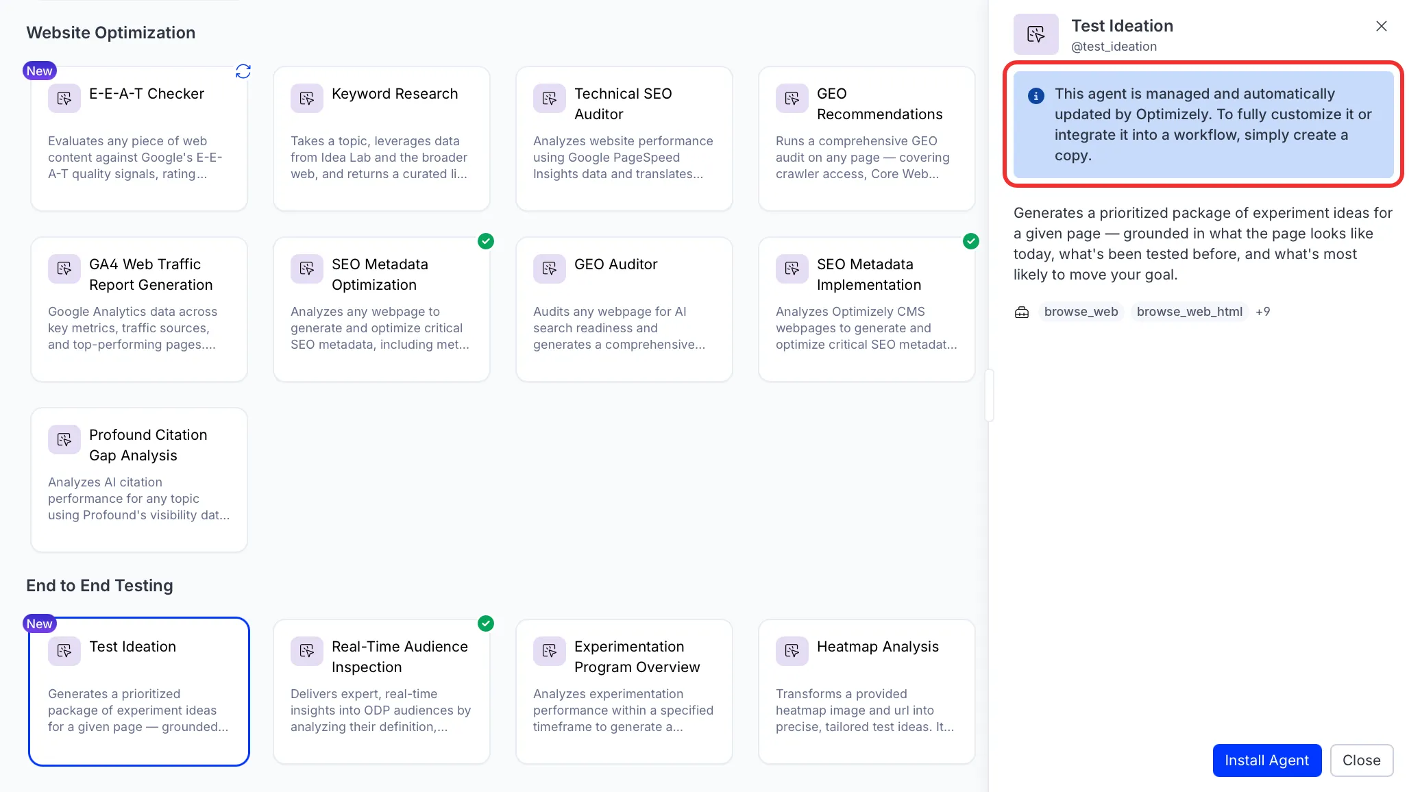 Screenshot of the Agent Directory where the Optimizely-managed agent callout displays to identify managed agents Screenshot of the Agent Directory where the Optimizely-managed agent callout displays to identify managed agents