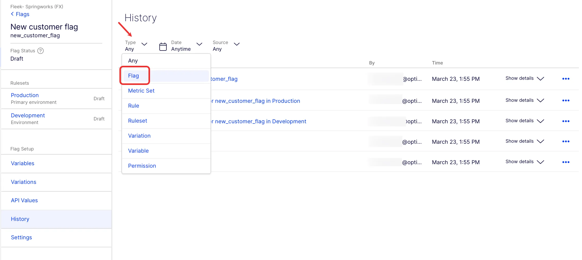 Screenshot of the flag History page with the Type drop-down list set to Flag Screenshot of the flag History page with the Type drop-down list set to Flag