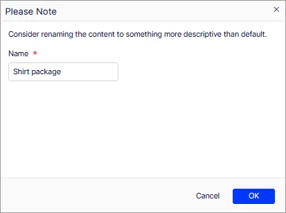 Screenshot of the Please Note naming window for a new package in Commerce Connect. Screenshot of the Please Note naming window for a new package in Commerce Connect.