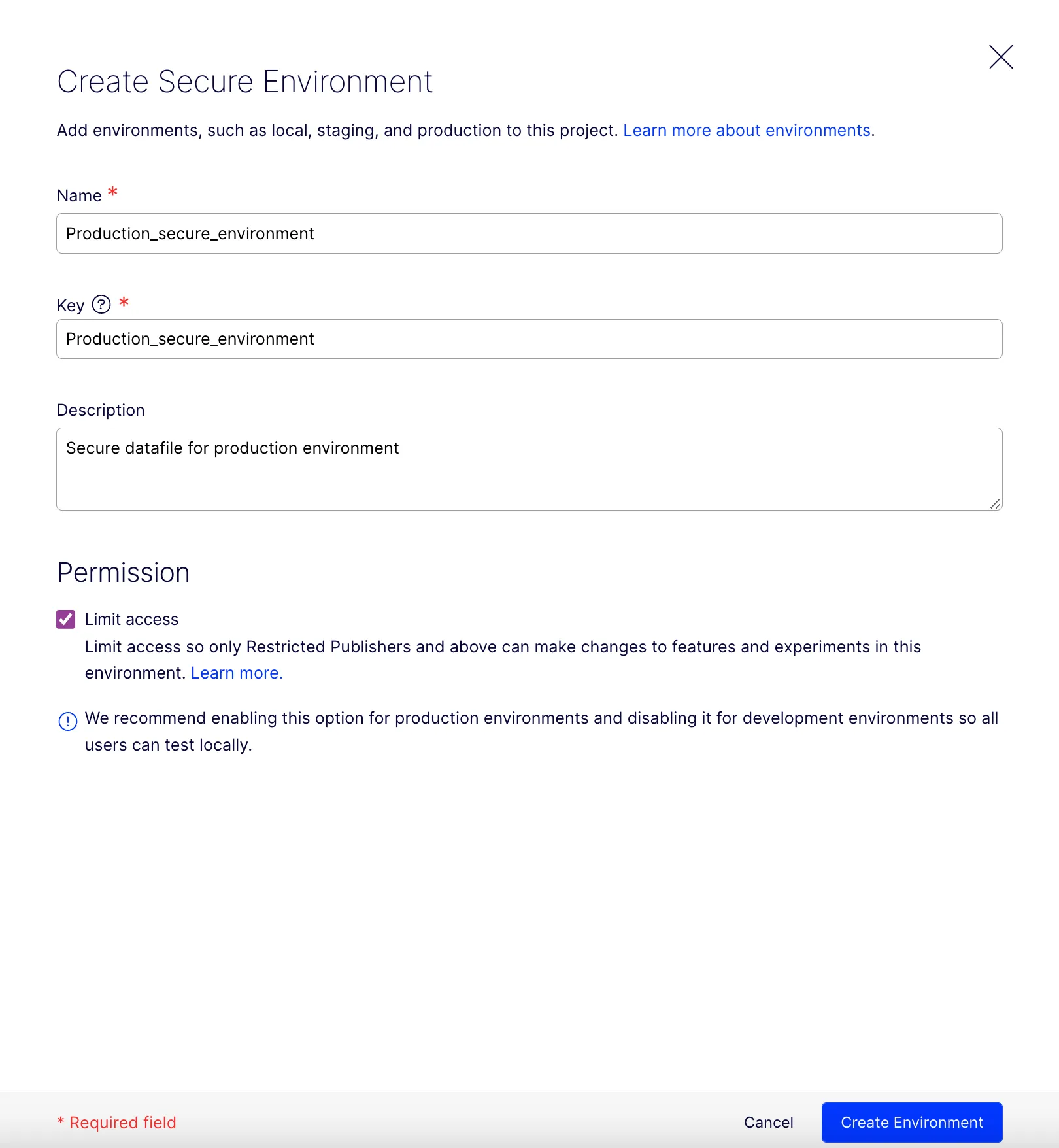 Create environment page Create environment page