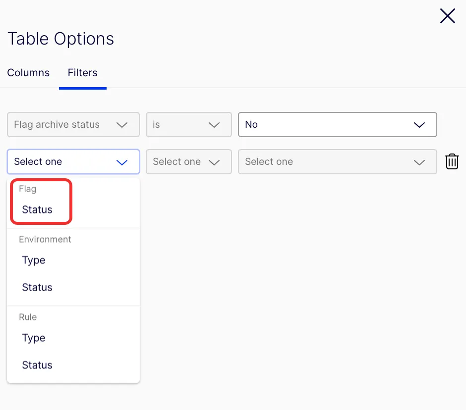Screenshot of the filter field drop-down list with Status selected in the Flag section Screenshot of the filter field drop-down list with Status selected in the Flag section