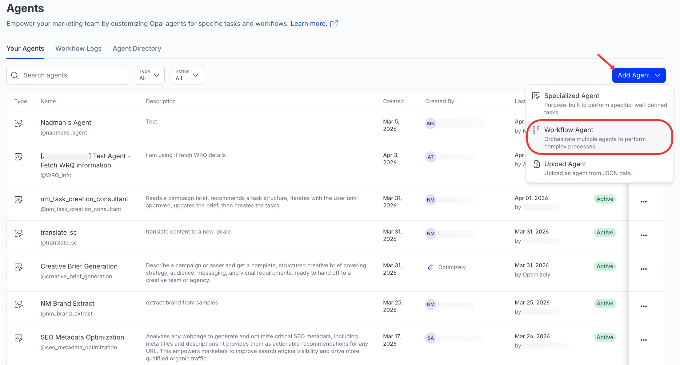 Screenshot of the Opal Agents page showing the Add Agent menu expanded with Workflow Agent highlighted