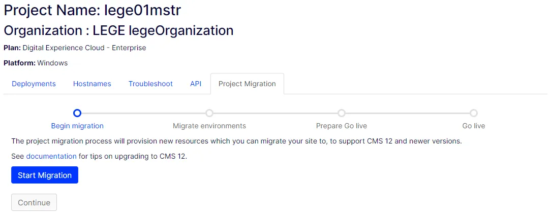 Screenshot of the Project Migration tab in the Developer portal where Start Migration provisions the target project