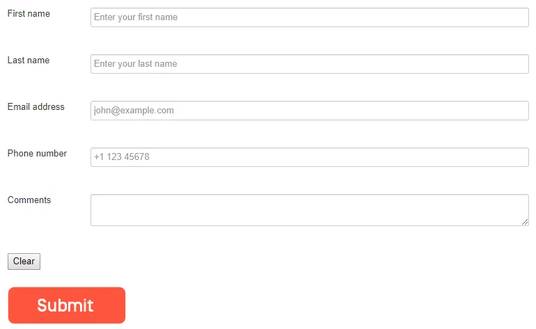Sample email form on a page Sample email form on a page