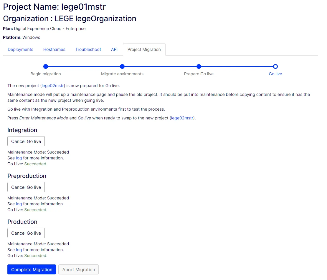 Screenshot of the Go Live controls where the environment goes live in the target project