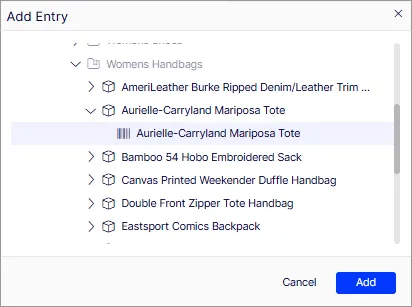 Screenshot of the Add Entry window displaying products and variants grouped by category. Screenshot of the Add Entry window displaying products and variants grouped by category.
