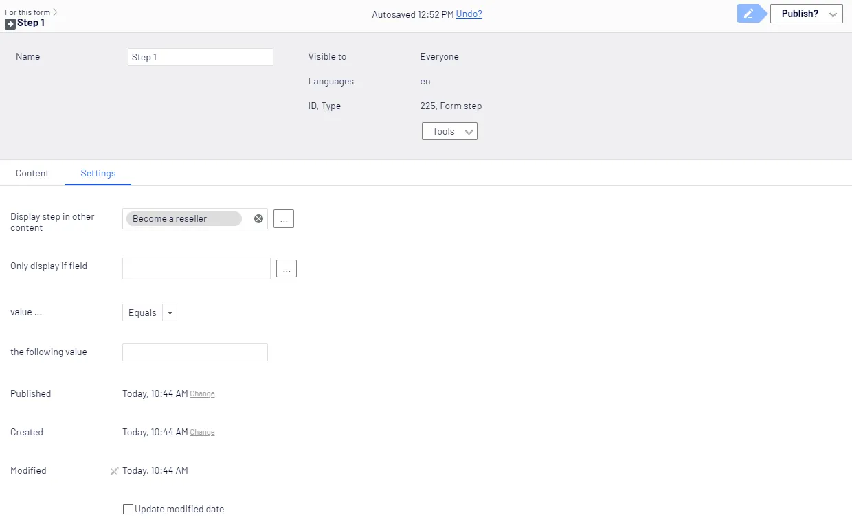Form step element, Settings tab Form step element, Settings tab