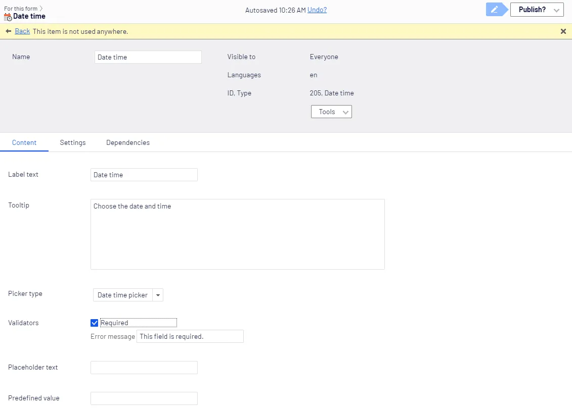 Date time element, Content tab Date time element, Content tab
