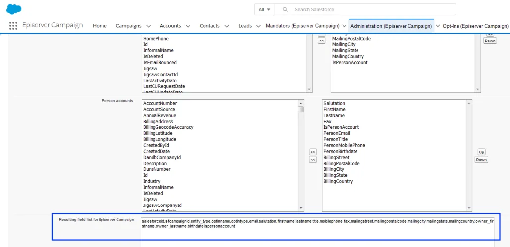 Image: Field list for Episerver Campaign Image: Field list for Episerver Campaign