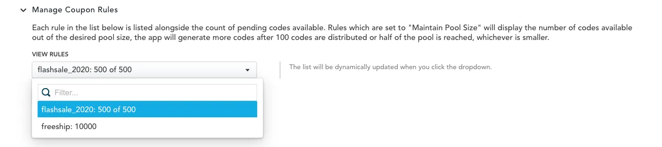 Manage coupon rules dropdown