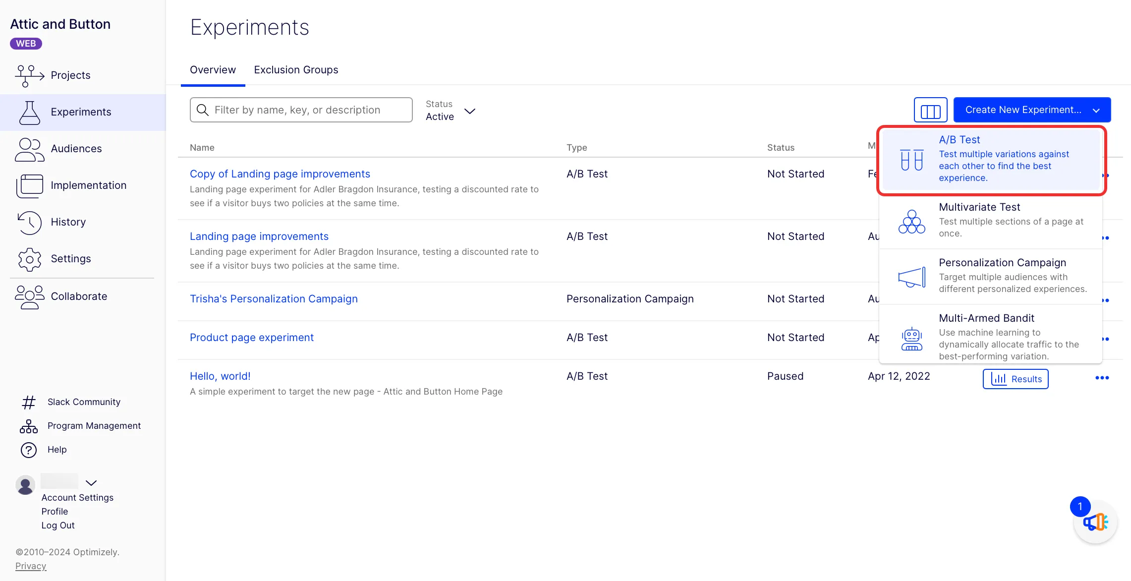 Creating an A/B test in Optimizely Web Experimentation Creating an A/B test in Optimizely Web Experimentation