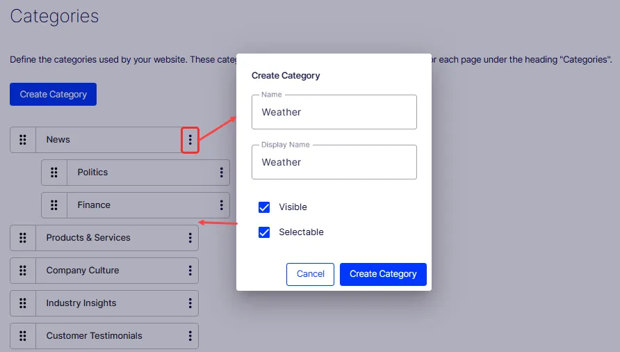Screenshot of the Create Subcategory form showing the same name, display name, visible, and selectable fields as the top-level category form Screenshot of the Create Subcategory form showing the same name, display name, visible, and selectable fields as the top-level category form