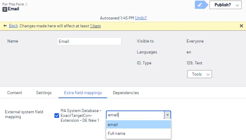 Mapping a Salesforce Marketing Cloud (ExactTarget) DataExtension database field to a form field