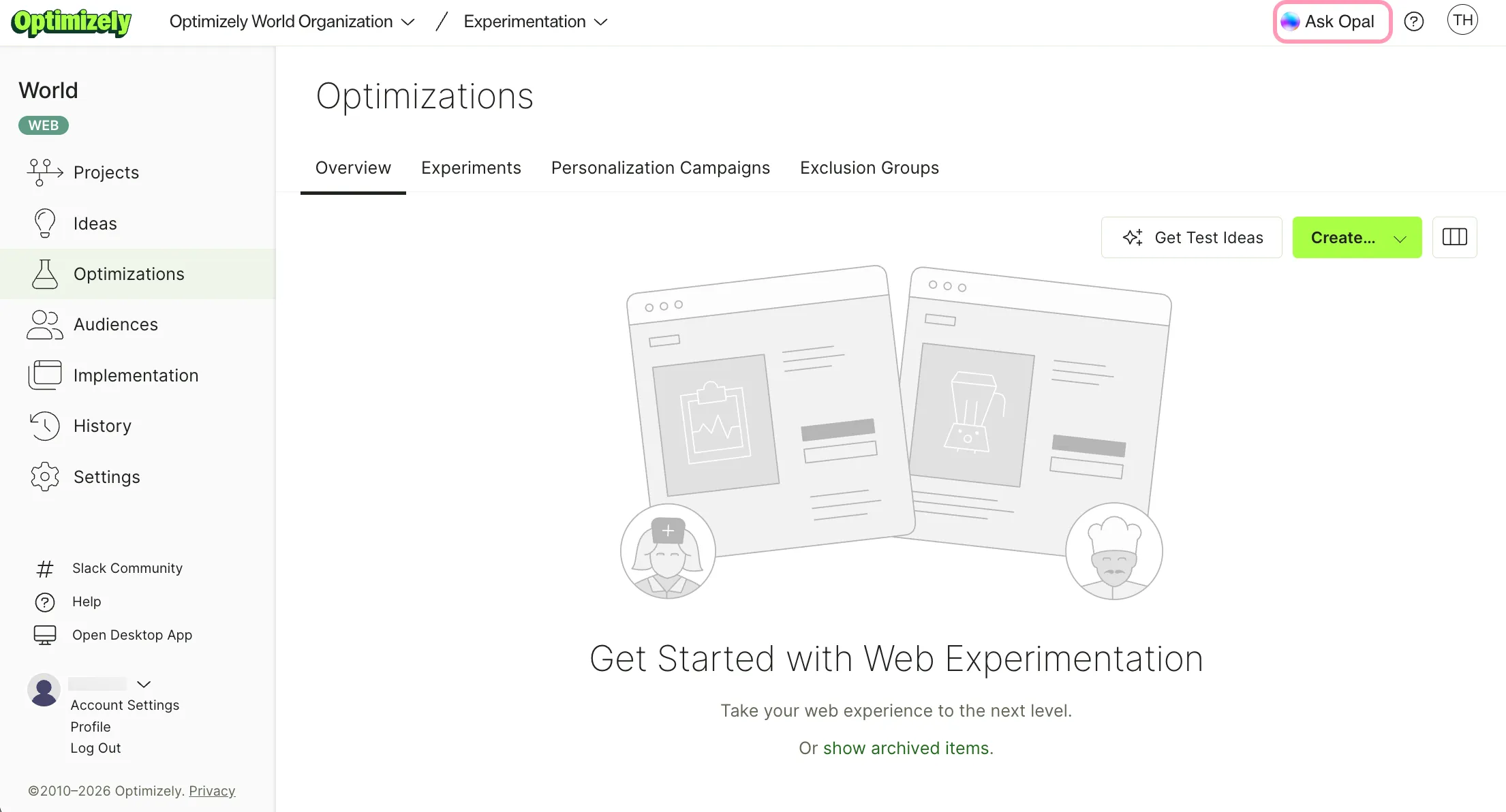 Ask Opal highlighted in the global navigation bar of Web Experimentation Ask Opal highlighted in the global navigation bar of Web Experimentation