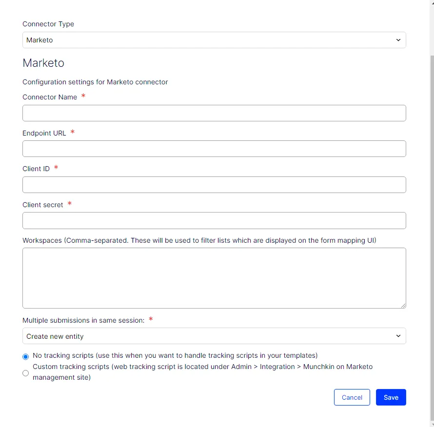 Marketo configuration settings screen