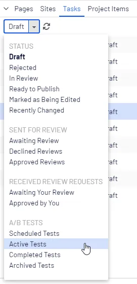 A/B tests in Tasks pane A/B tests in Tasks pane