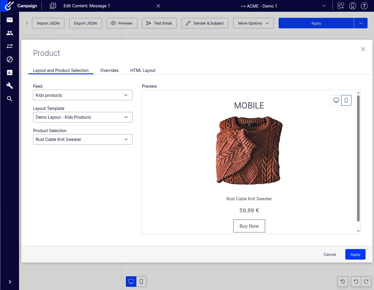 The settings for a product element in the Design Editor for emails.