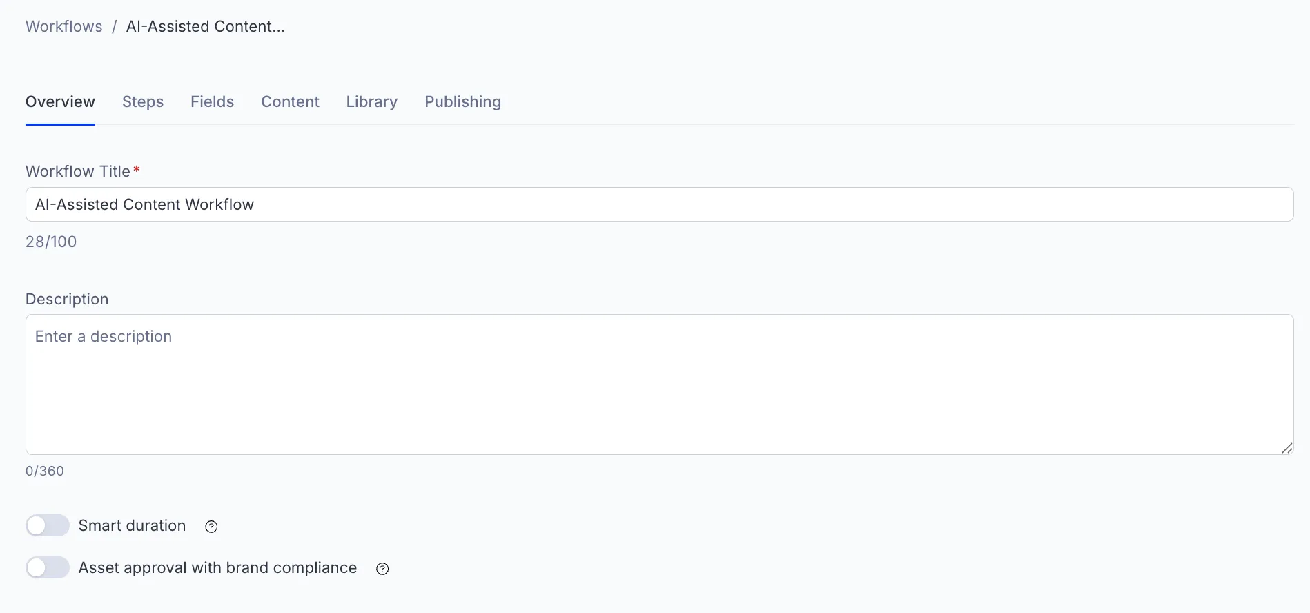 Screenshot of the CMP Add Workflow form with AI-Assisted Content Workflow entered in the Workflow Title field