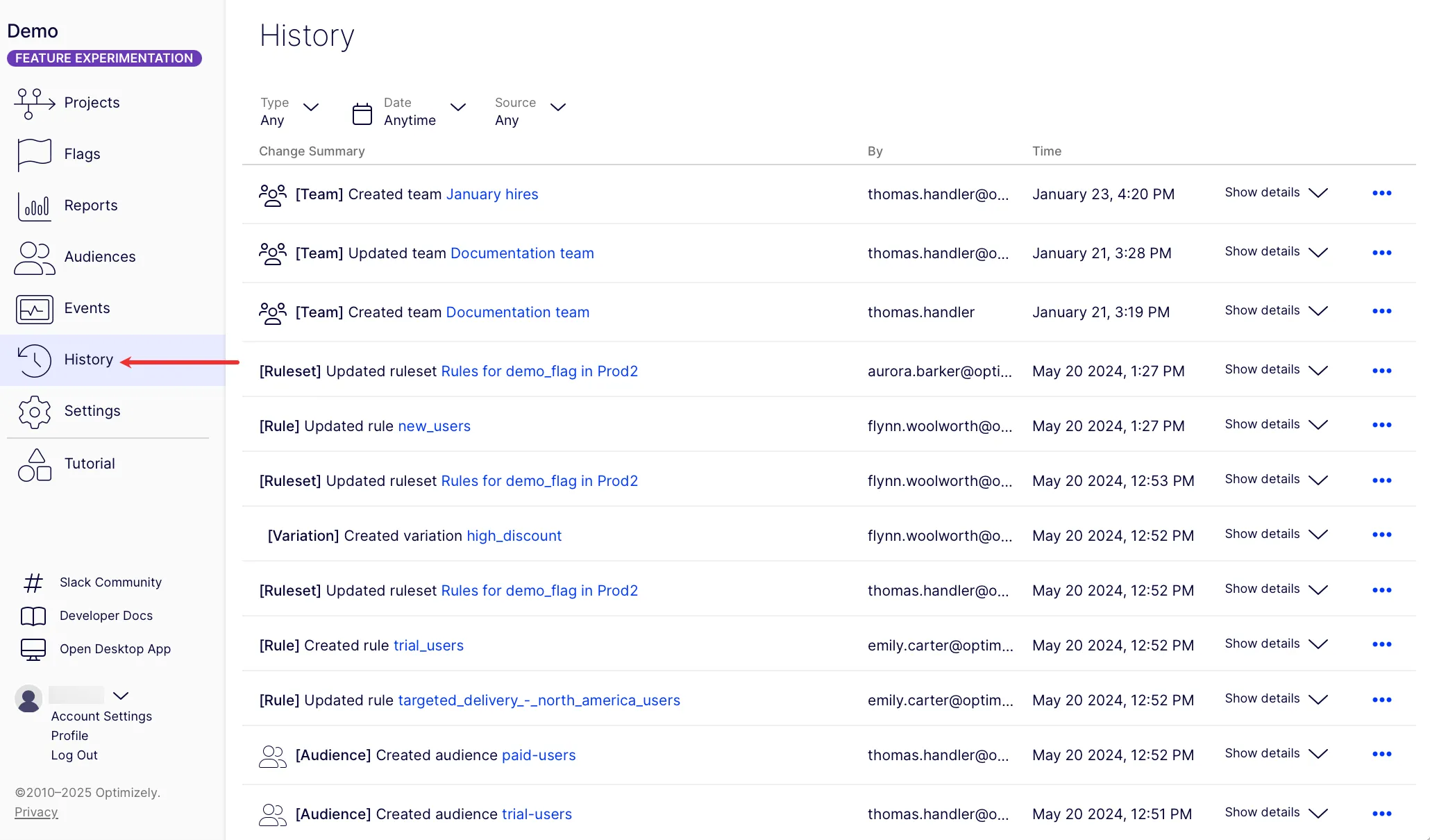 History tab in Feature Experimentation