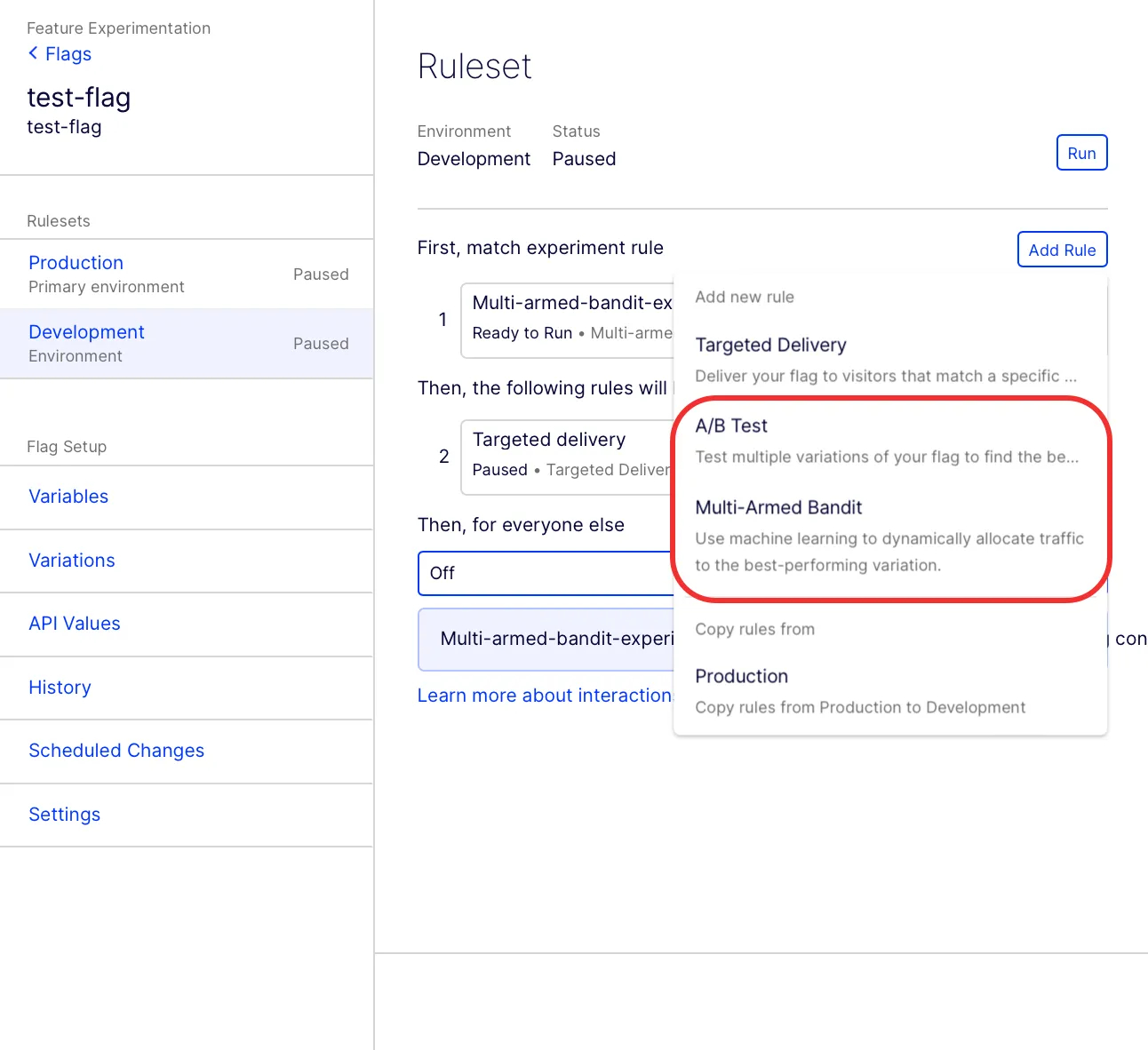 Select A/B test or Multi-Armed Bandit rule