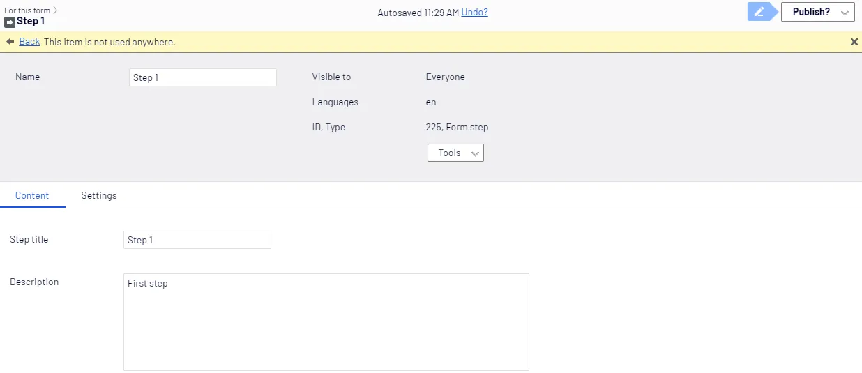 Form step element, Content tab Form step element, Content tab