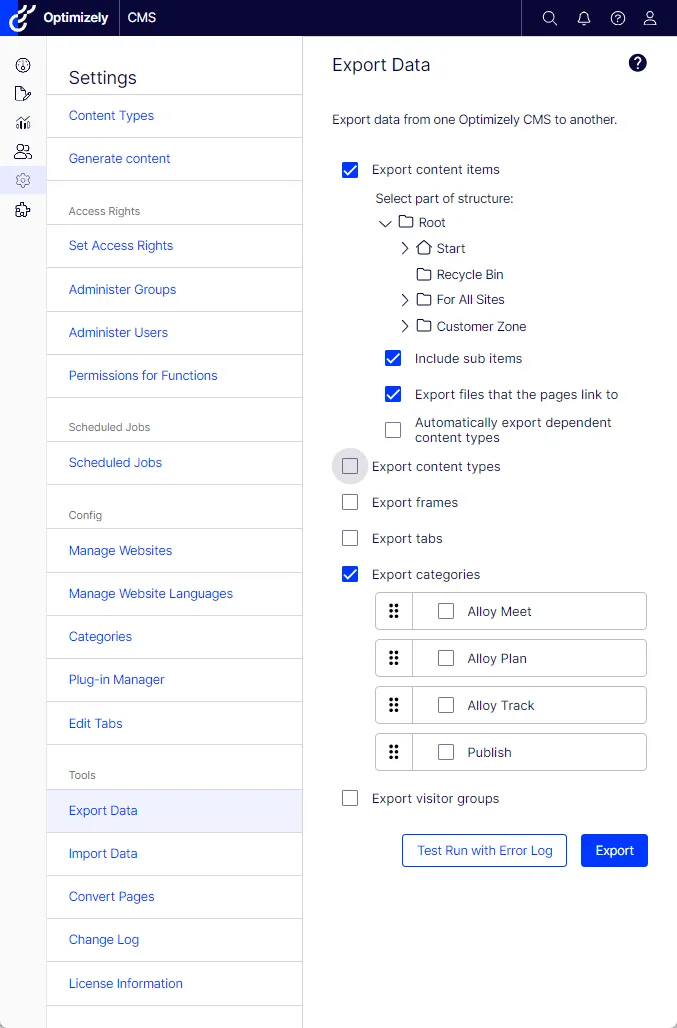 Export data between CMS websites