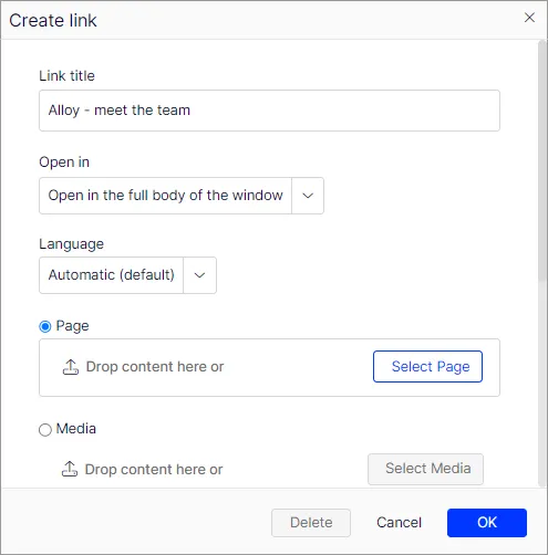 create a link in the rich text editor