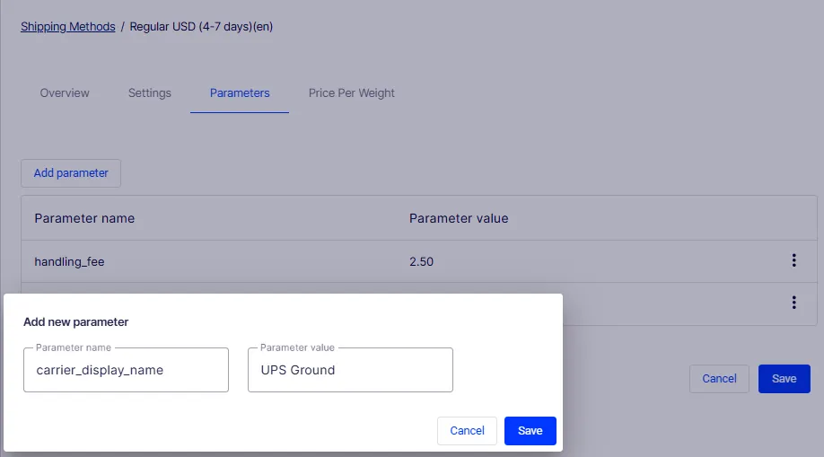 Parameters tab showing the Add new parameter dialog with Parameter name and Parameter value fields