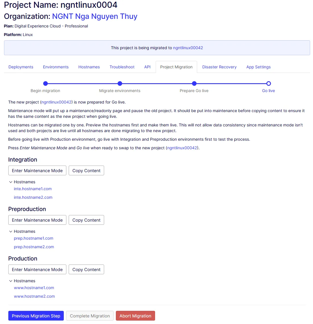 Screenshot of an individual hostname preview in the Project Migration tab