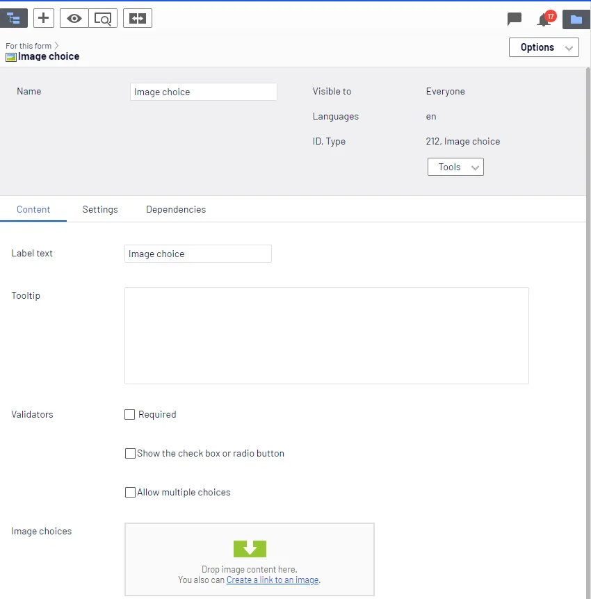 Image choice element, Content tab Image choice element, Content tab